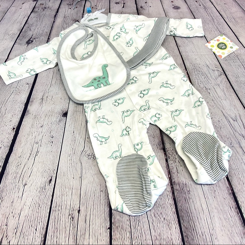 LITTLE ME 3 pc Footie, Bib, Cap Set w/ Free Card NWT